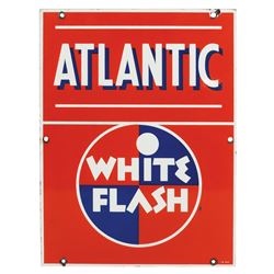 Petroliana, pump plate, Atlantic White Flash, porcelain, c.1949, VG+ cond, 17"H x 13"W.