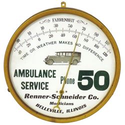 Automobilia, thermometer, Renner-Schneider Co. Ambulance Service & Morticians-Belleville, IL, metal