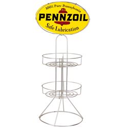 Petroliana, display rack, Pennzoil, metal w/2-sided oval button marquee & 2 shelves, c.1969, Exc con