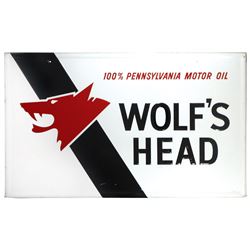 Petroliana, sign, Wolf's Head, self-framed embossed metal by A-M Sign Co., 6-73, Exc cond, 35"H x 60