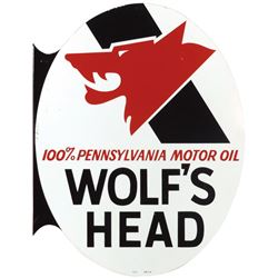 Petroliana, sign, Wolf's Head 100% Pennsylvania Motor Oil, 2-sided metal flange by A-M Sign Co., c.1