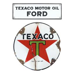 Petroliana, signs (2), Ford Texaco Motor Oil, Exc cond, 4.75"H x 15"W & Texaco red star, Fair cond w