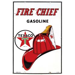 Petroliana, pump plate, Texaco Fire Chief Gasoline, porcelain, c.1958, Exc+ cond, 18"H x 12"W.