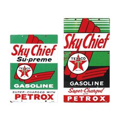 Petroliana, pump plates (2), Texaco Sky Chief Su-preme & Sky-Chief w/Petrox, both porcelain, dated 3