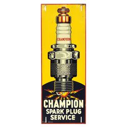 Automobilia, sign, Champion Spark Plug Service, litho on metal, VG+ cond, 27.5"H x 10.5"W.