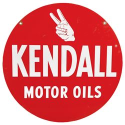 Petroliana, sign, Kendall Motor Oils, 2-sided metal w/hand graphic, VG+ cond, 23.75"Dia.