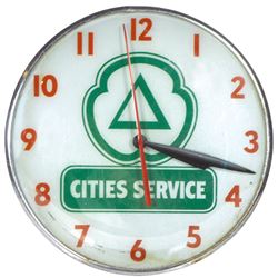 Petroliana, clock, Cities Service, Pam Clock Co. light-up, metal case w/glass face, c.1962, VG cond