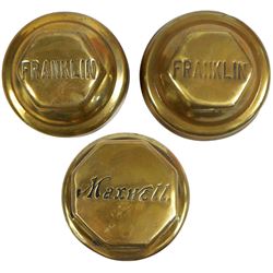 Automobilia, hubcaps (3), Maxwell & 2 Franklin, all brass, early 1900's, Exc cond, 2.25" to 3"Dia.