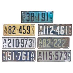 Automobilia, license plates (7), all Minnesota, 1921, 1922, 1923, 1924, 1925, 1926 & 1927, all Good