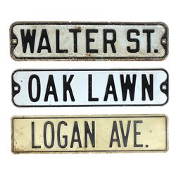 Chicago street signs (5), Oak Lawn, Logan Ave., Walter St., Schultz St. & Glenys Dr., all stamped
