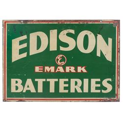 Automobilia, sign, Edison Emark Batteries, metal, Good+ cond, 22"H x 28"W.