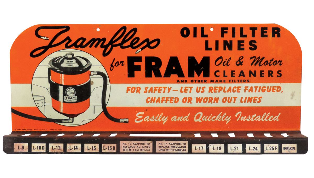 Automobilia, display racks (3), Fram Tramflex Oil Filter Lines, metal w ...