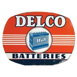 Automobilia, sign, Delco Batteries, 2-sided metal, c.1956, Good+ cond, 17.75"H x 24"W.