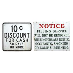Petroliana, signs (2), safety notice for filling service, porcelain, VG cond, 18"H x 22"W & 10 cent