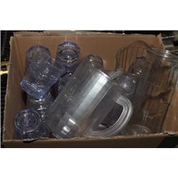 BOX OF PLASTIC TUMBLERS AND JUGS