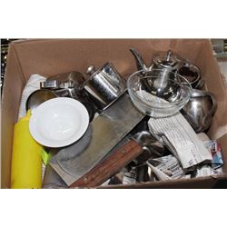 BOX OF TEAPOTS, CUPS, MISC.