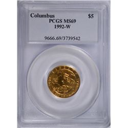 1992W $5 GOLD COMMEN COLUMBUS PCGS MS-69
