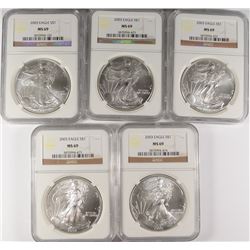 DEALER LOT OF ( 5 ) 2003 AMERICAN SILVER EAGLES, NGC MS-69!