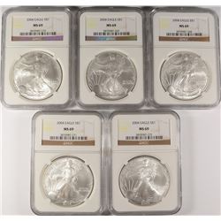 DEALER LOT OF ( 5 ) 2004 AMERICAN SILVER EAGLES, NGC MS-69!