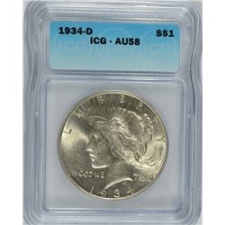 1934-D PEACE SILVER DOLLAR, ICG, AU-58  NICE!!