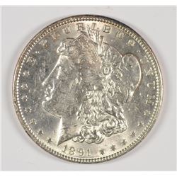 1891 MORGAN SILVER DOLLAR, MS-60, SCRATCH ON REVERSE