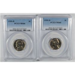 LOT OF ( 2 ) 1959-D JEFFERSON NICKELS, PCGS MS-66  TOUGH!