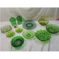 LOT 11 ASSORTED VINTAGE GREEN GLASSWARE