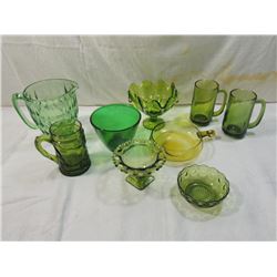 LOT 8 ASSORTED VINTAGE GREEN GLASSWARE
