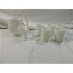 LOT 7 MILK GLASS HOBNAIL PITCHER & GLASSES