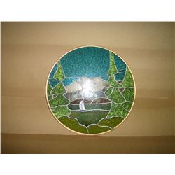 GOLD FRAMED ROUND MOUNTAIN SCENE STAINED GLASS HANGING