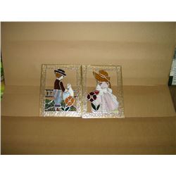 METAL FRAMED STAINED GLASS "BOY AND GIRL" HANGINGS (X2)