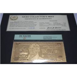 99.9% PURE 24K CARAT GOLD 10 U.S. DOLLAR BANKNOTE