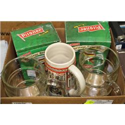 BOX W/ 3 COLLECTIBLE BEER STIENS AND 2 LARGE BEER