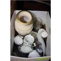 BOX OF ASSORTED DISHES AND OTHER HOUSEHOLD ITEMS