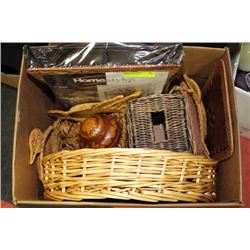 BOX OF WICKER ITEMS INCLUDING NEW WICKER/IRON