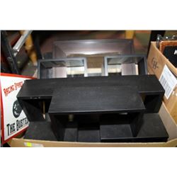 BOX W/ WOOD WALL SHELVES, MIRROR & PICTURES