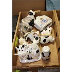 FLAT OF COW COLLECTIBLES W/ WINDCHIME, SALT AND