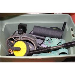 LARGE TAN BIN OF WORKOUT EQUIPMENT
