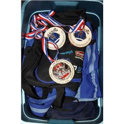 BLUE BIN W/ POWER LIFTING SUITS AND COAT SIZE XL,