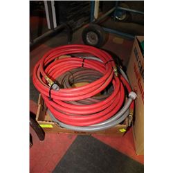 BOX OF AIR HOSE W/ PRESSURE GAUGE, AIR HOSES AND