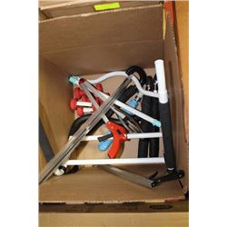 BOX WITH ESTATE UMBRELLAS, WEIGHTS, GARBAGE PICKER
