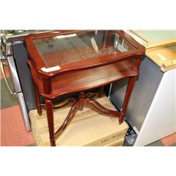 WOOD AND GLASS DISPLAY END TABLE