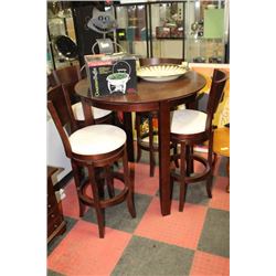 BROWN WOOD BAR TABLE WITH 4 WOOD AND FABRIC SWIVEL