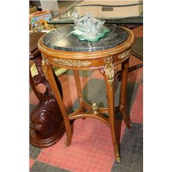 WOOD AND MARBLE TOP END TABLE WITH GOLD TONE