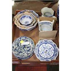 TRAY OF BLUE & WHITE DISH, DECOR ETC.