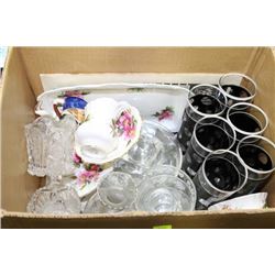 ESTATE BOX OF VINTAGE GLASSES AND ROYAL ALBERT