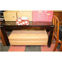 WOOD TONE TABLE WITH GLASS INSERT