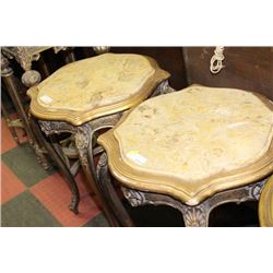PAIR OF GOLD TONE STONE TOP END TABLES
