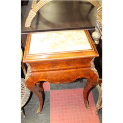 WOOD TONE STONE TOP END TABLE WITH GOLD TONE