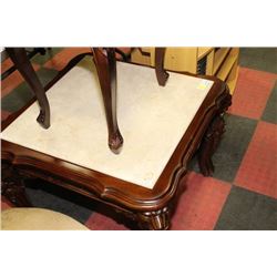 MAHOGANY CARVED STONE TOP END TABLE
